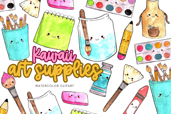 Watercolor Kawaii Art Supplies Clipart